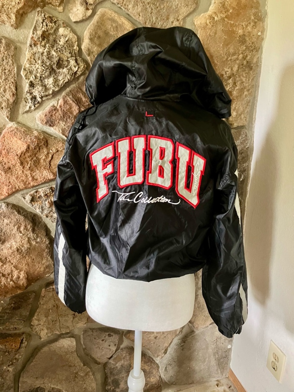 FUBU Black Hooded Jacket with Red & White Logo Patch